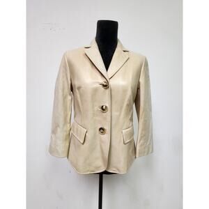 Lafayette 148 Women's Short Beige Leather Jacket 3 Buttons With Pockets Size 4